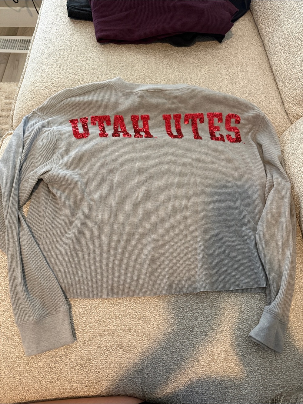 Utah Utes Gray Cropped Long Sleeve with Red Sequin Logo PINK waffle knit